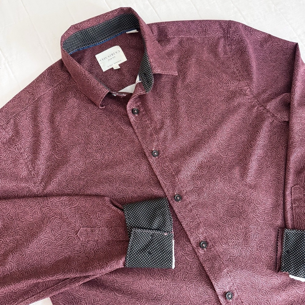 Construct Slim Fit Button Down Mens MEDIUM Long Sleeve. Maroon All Over Print - Picture 2 of 8
